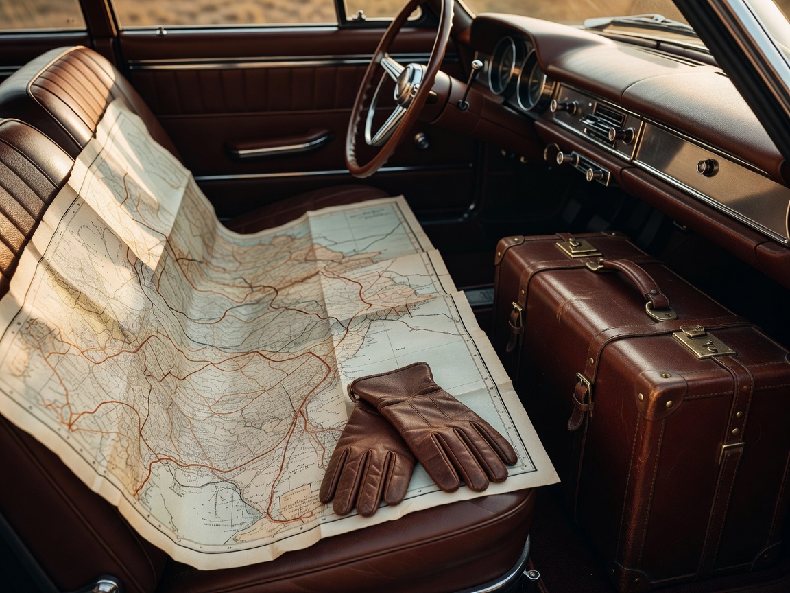 Classic car interior with folded road map, driving gloves and leather luggage