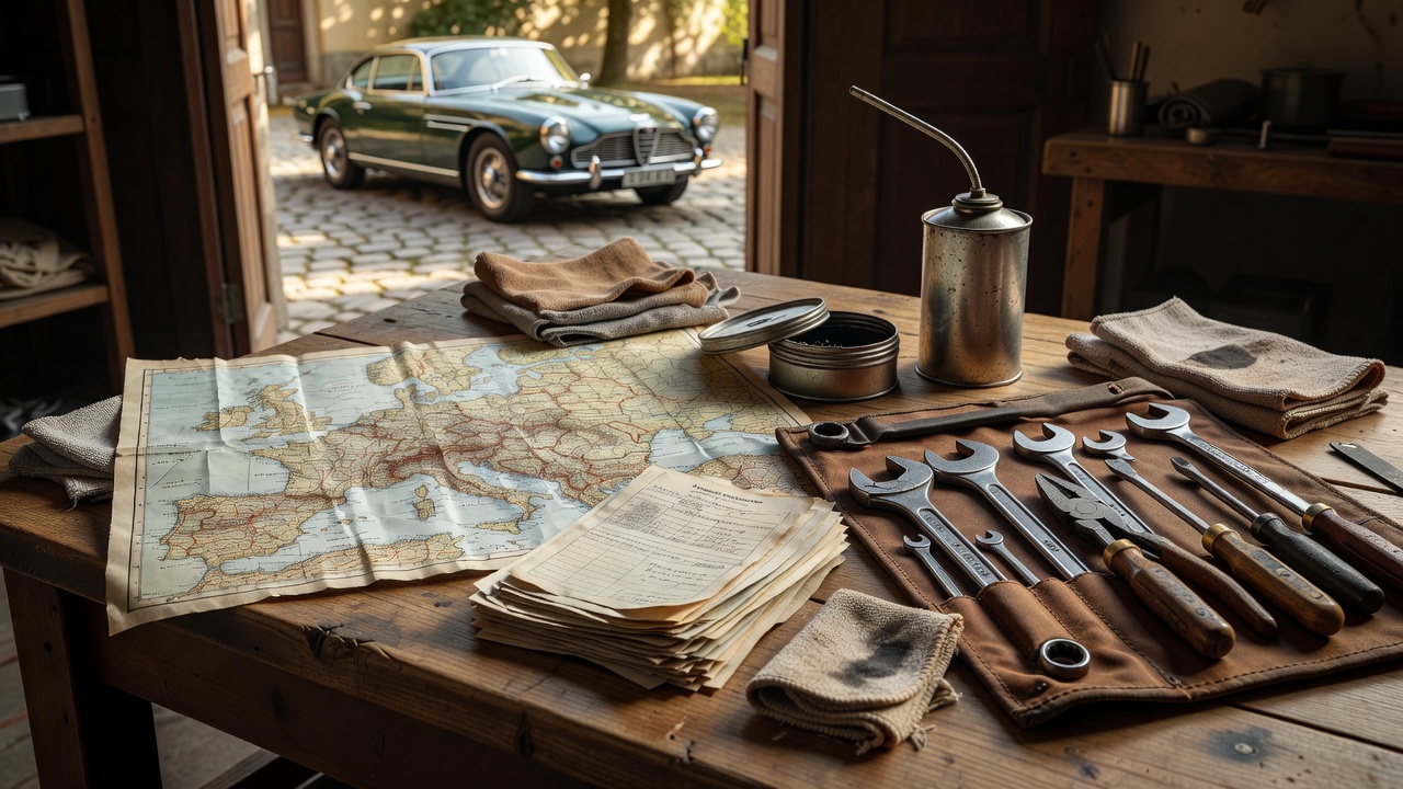 Classic car maintenance kit, map and documents laid out for European touring