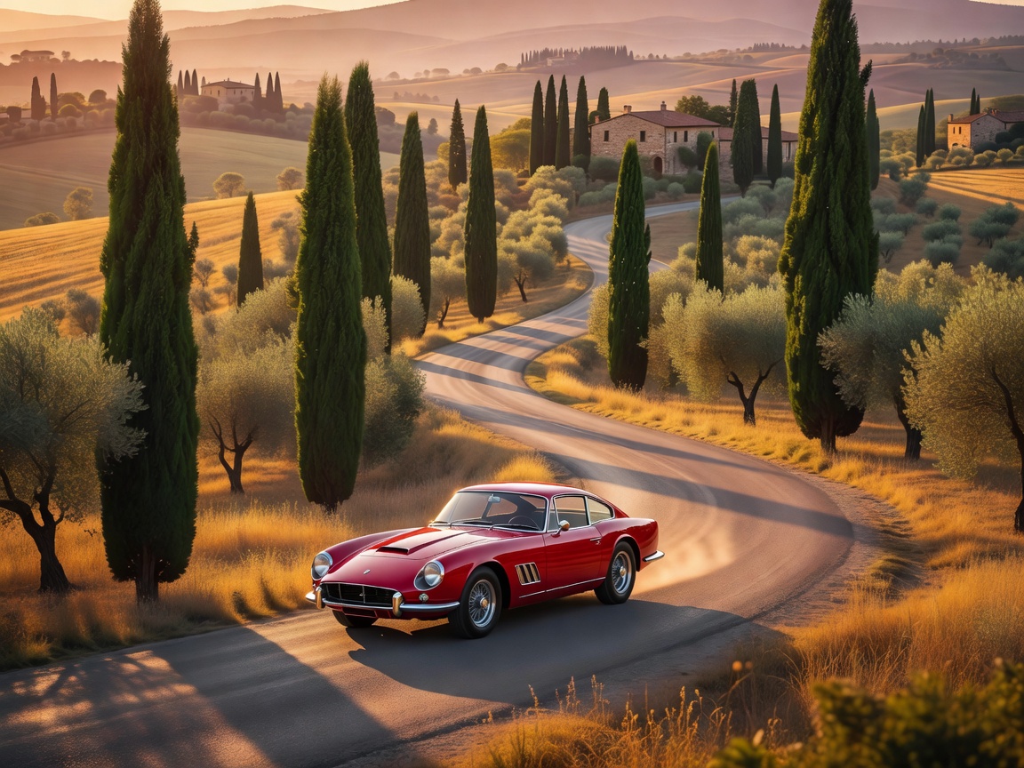 Classic car on a winding road between cypress trees in the Italian countryside