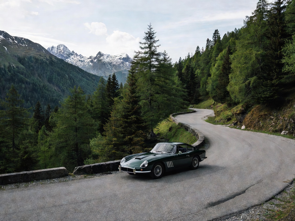 Classic coupe descending French Alps pass road through evergreen slopes