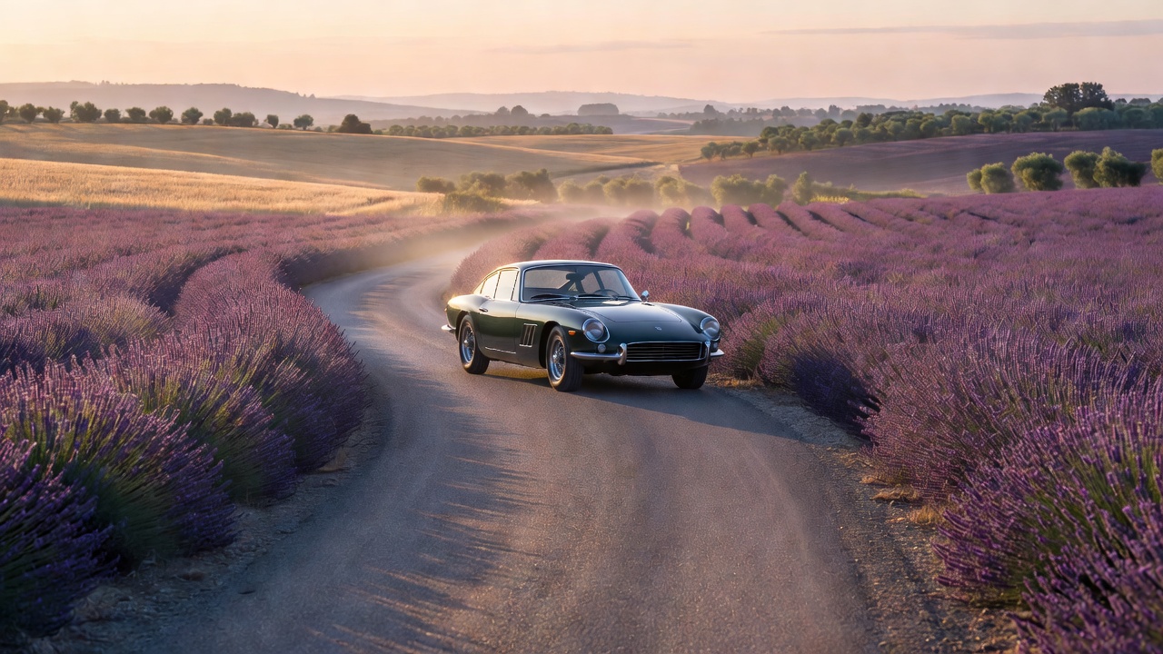 Classic coupe on a lavender-lined Provence country road at sunrise