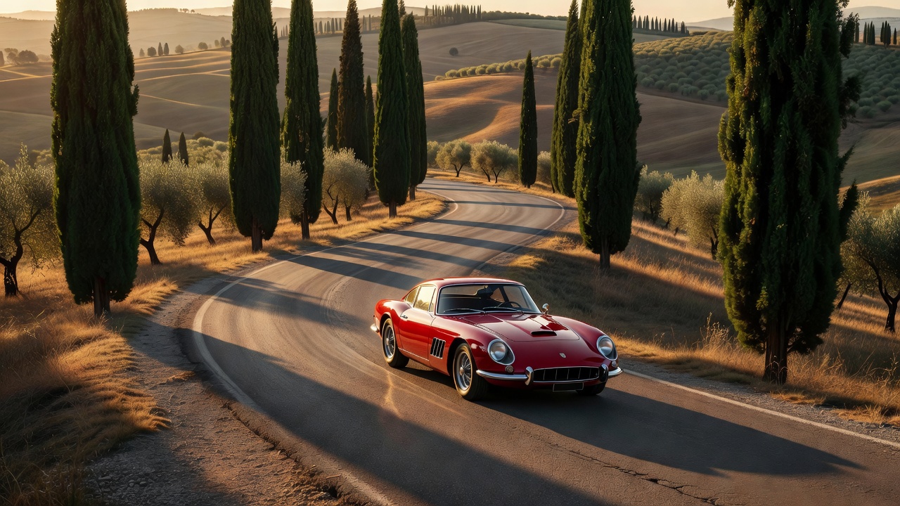 Classic coupe on a winding Italian hill road lined with cypress trees
