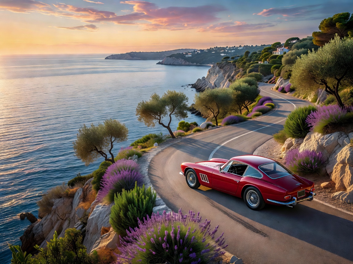 Classic coupe on French Riviera coastal road overlooking the sea