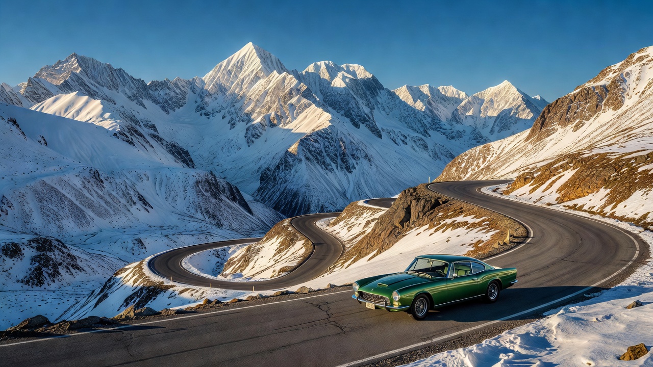 Classic coupe on a high Alpine pass with hairpin bends and snow peaks
