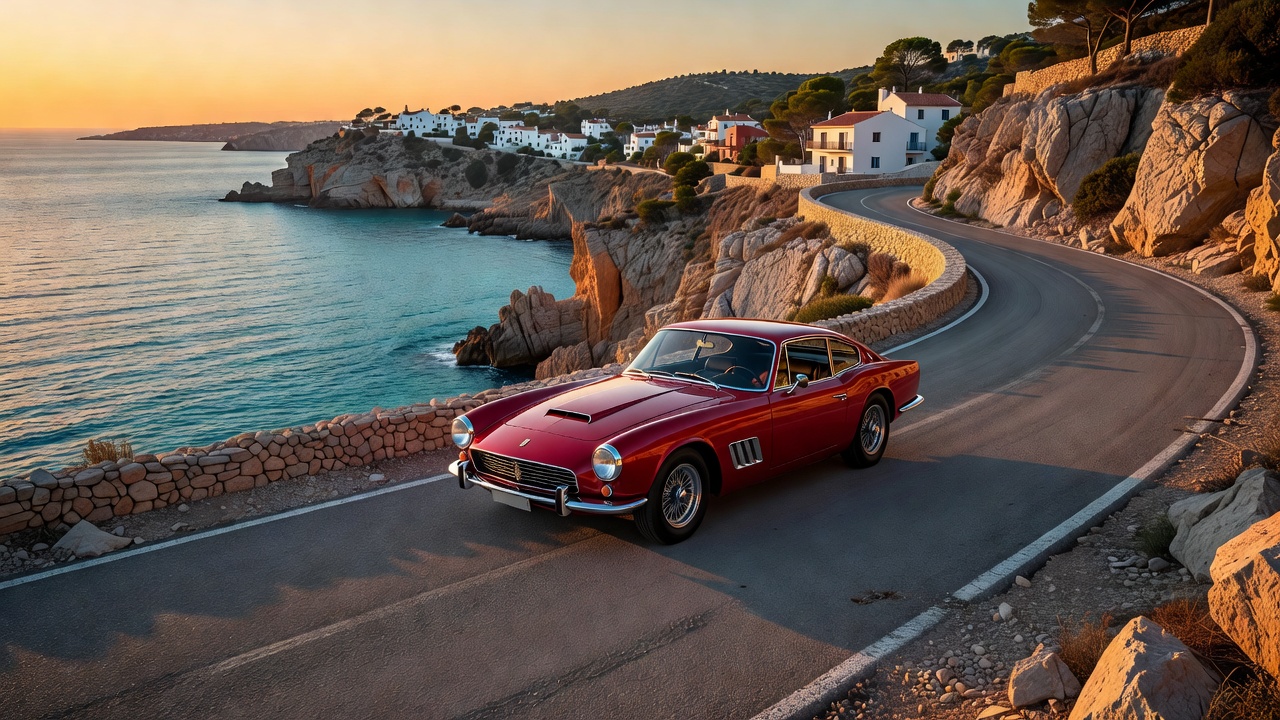 Classic grand tourer on a Spanish Mediterranean cliff road at evening