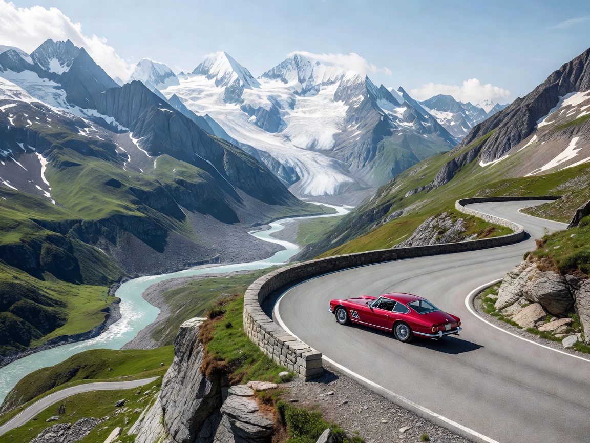 Classic grand tourer on a Swiss Alpine road above a glacial valley