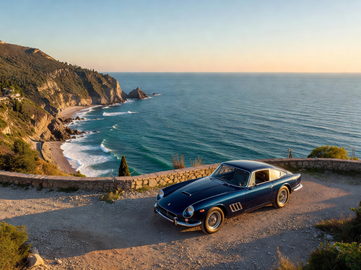 Classic grand tourer parked on a cliffside turnout above the Ligurian Sea