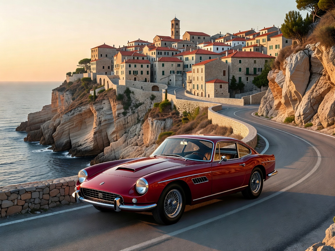 Classic grand touring car on a Mediterranean cliff road with historic town in distance