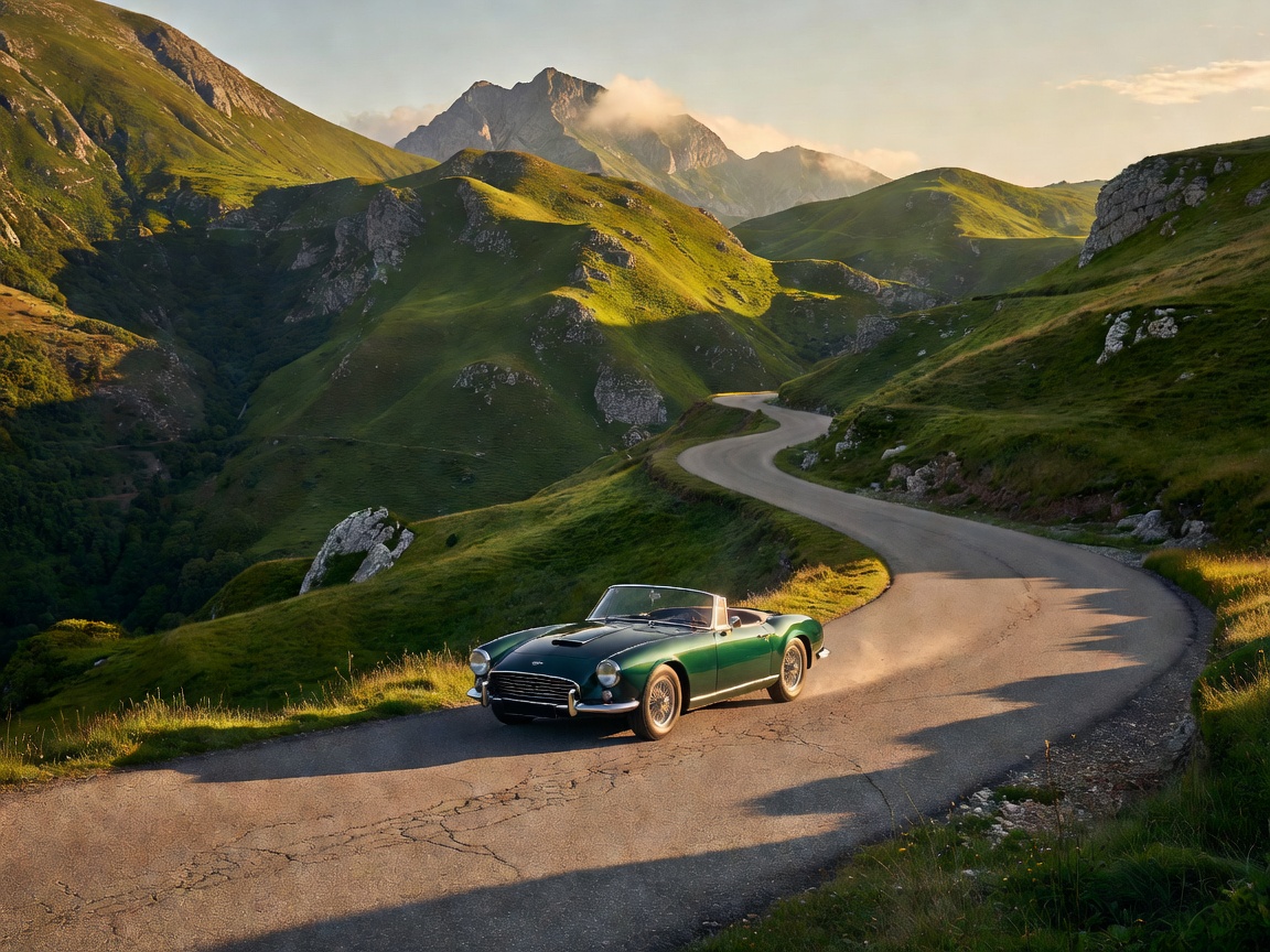 Classic roadster climbing a green mountain road in the Picos de Europa