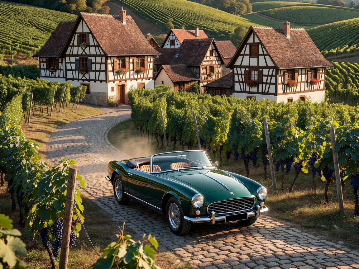 Classic roadster driving past Alsace vineyards and half-timber houses