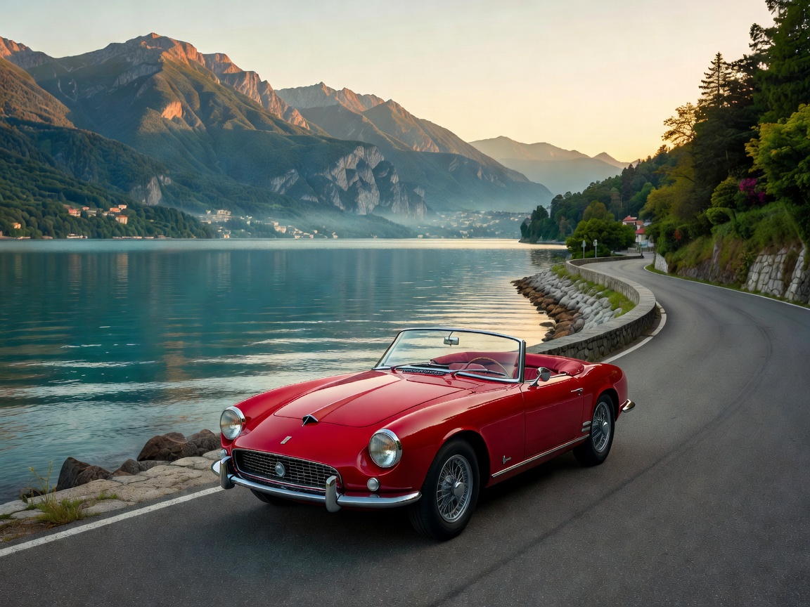 Classic roadster near an Italian lake with mountain backdrop