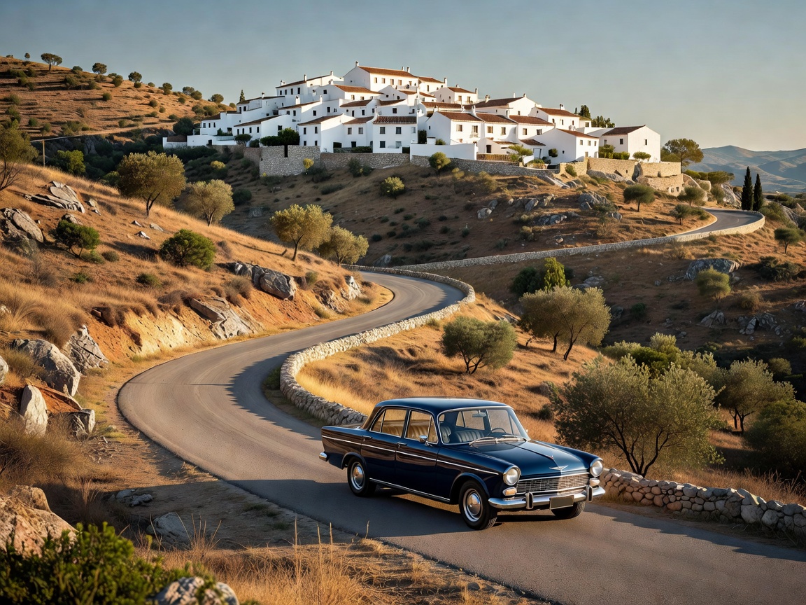 Classic sedan on an Andalusian hill route near white villages