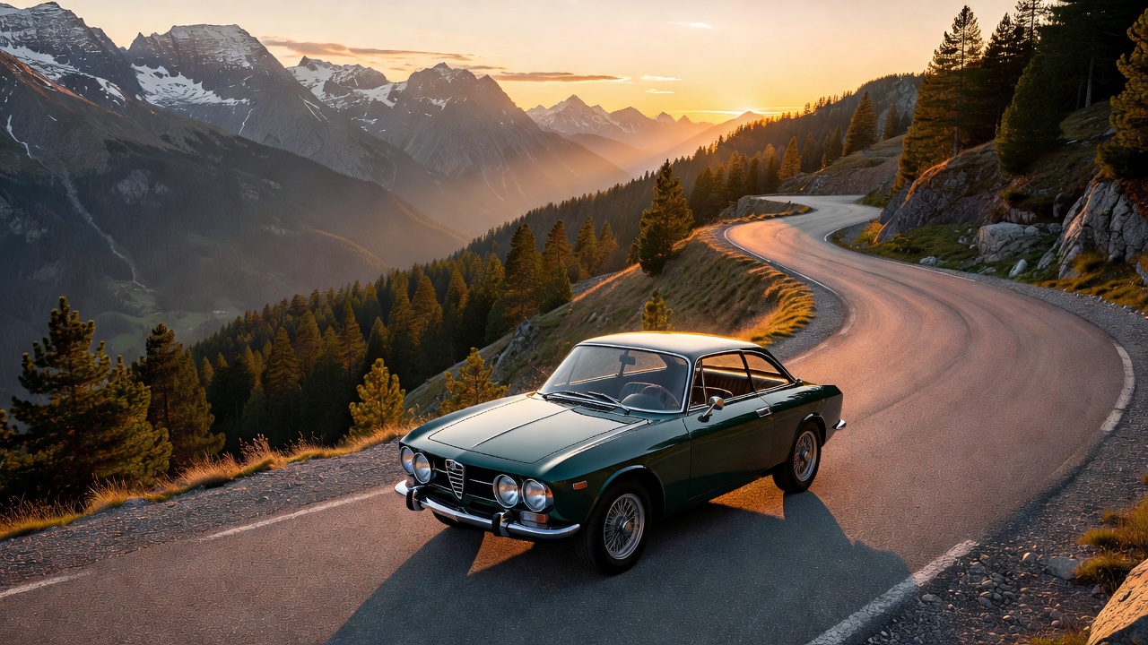 Classic touring car parked beside a sweeping European mountain road at golden hour