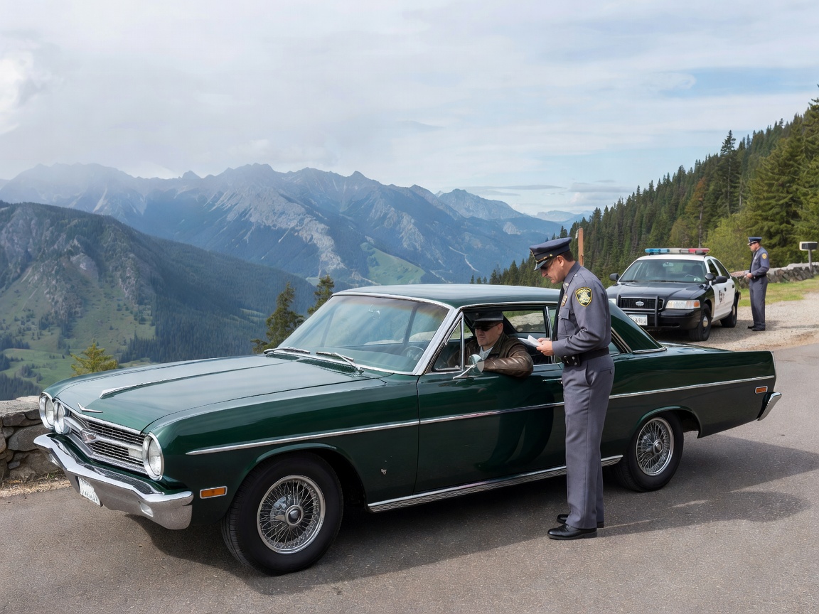 Classic touring coupe at a mountain overlook during a roadside check stop