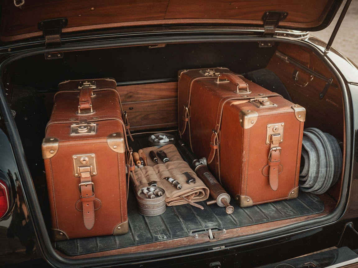 Classic touring luggage and compact spares arranged in a car boot