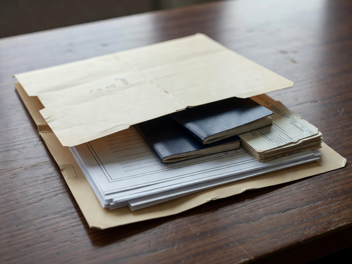 Folder with insurance papers, passports and vehicle registration documents
