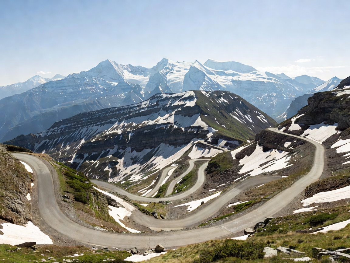 High Alpine mountain pass road with hairpin curves and distant peaks