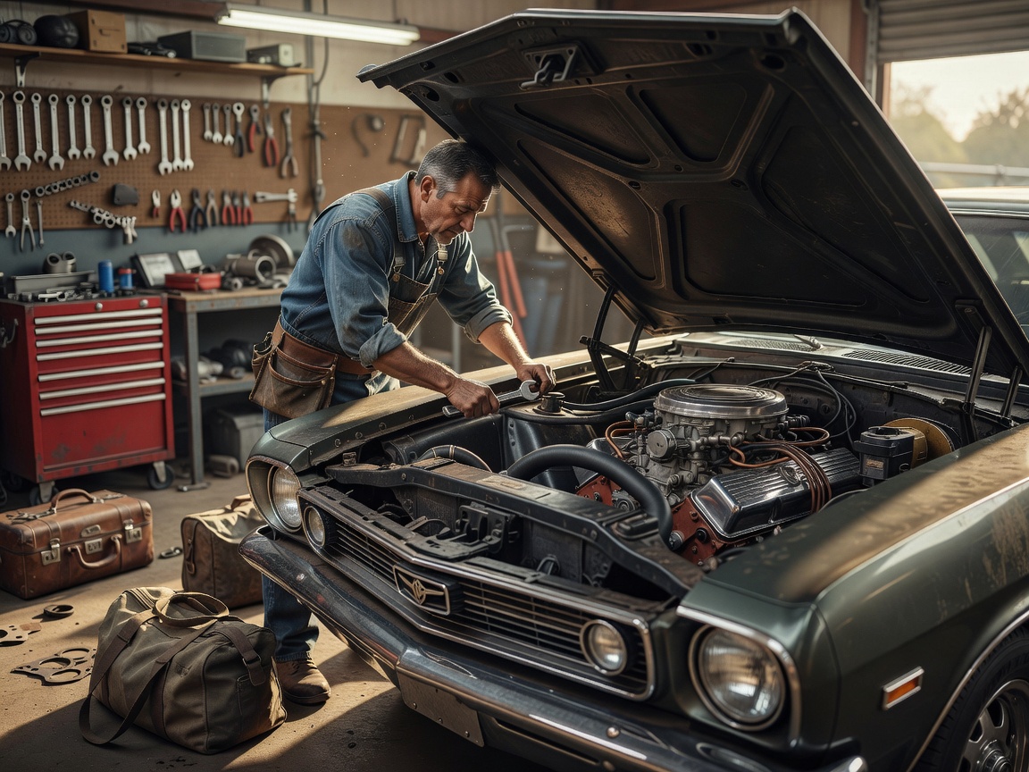 Mechanic checking a classic car engine bay before a long road trip