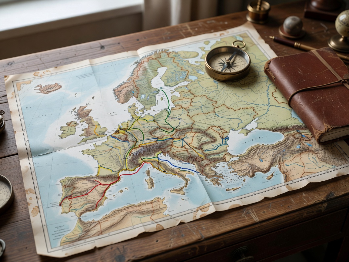 Paper map of Europe with route lines, compass and notebook on a travel desk