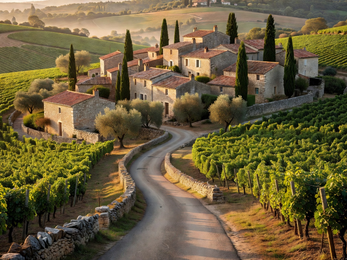 Scenic French countryside road lined with vineyards and stone villages