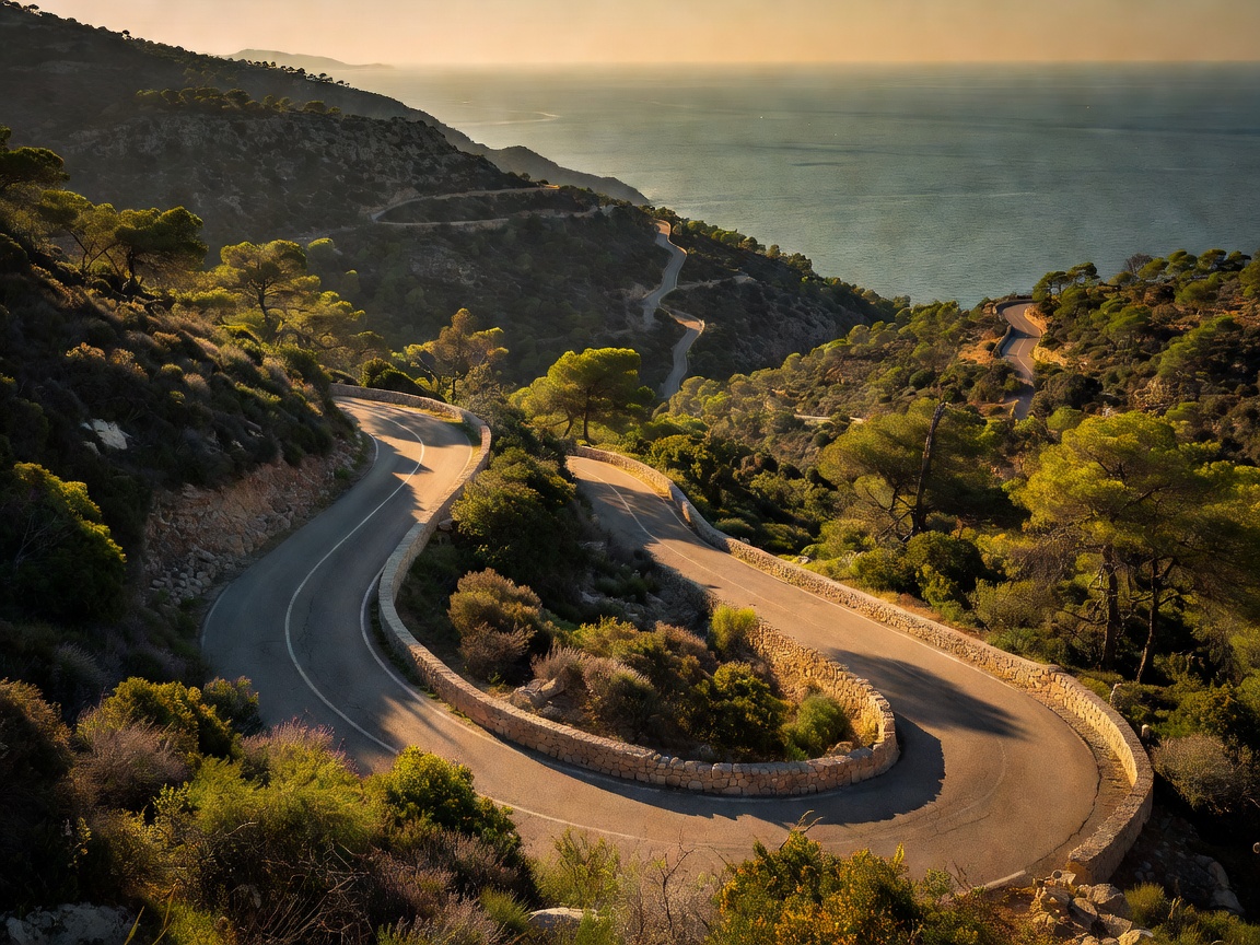 Spanish mountain road descending toward a coastal horizon in warm evening light