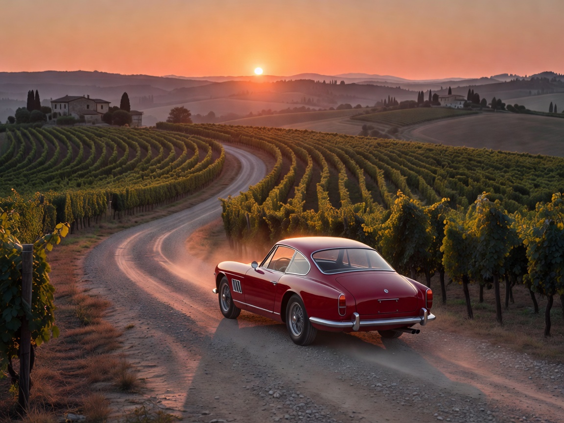 Vintage coupe driving through rolling Tuscan vineyards at sunset