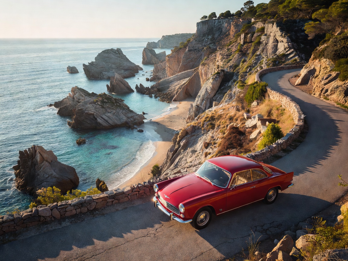 Vintage coupe on Costa Brava coastal road overlooking sea coves