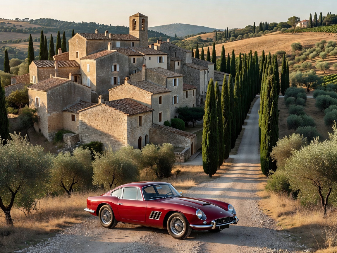 Vintage grand tourer parked near a Provence hill village and cypress avenue