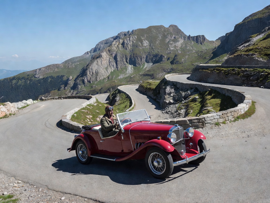Vintage roadster climbing Stelvio Pass switchbacks in clear weather